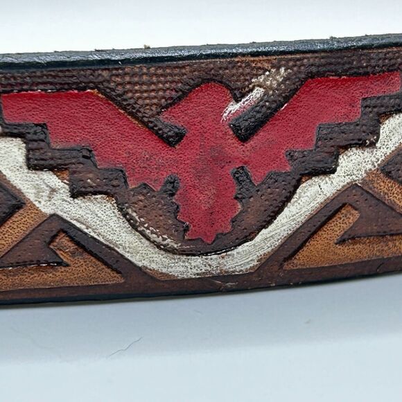 Vintage Milor Tooled Leather Belt Southwest Thunderbird Aztec Size Small 1980s - Picture 8 of 12